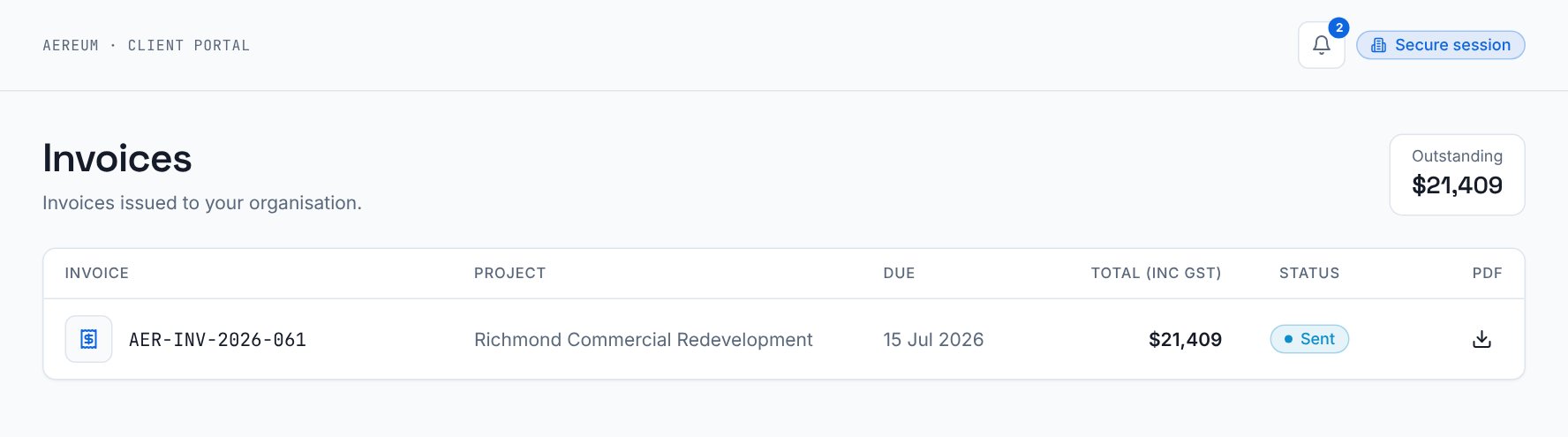 Client portal invoices page showing an issued invoice, its due date, status and the outstanding balance.